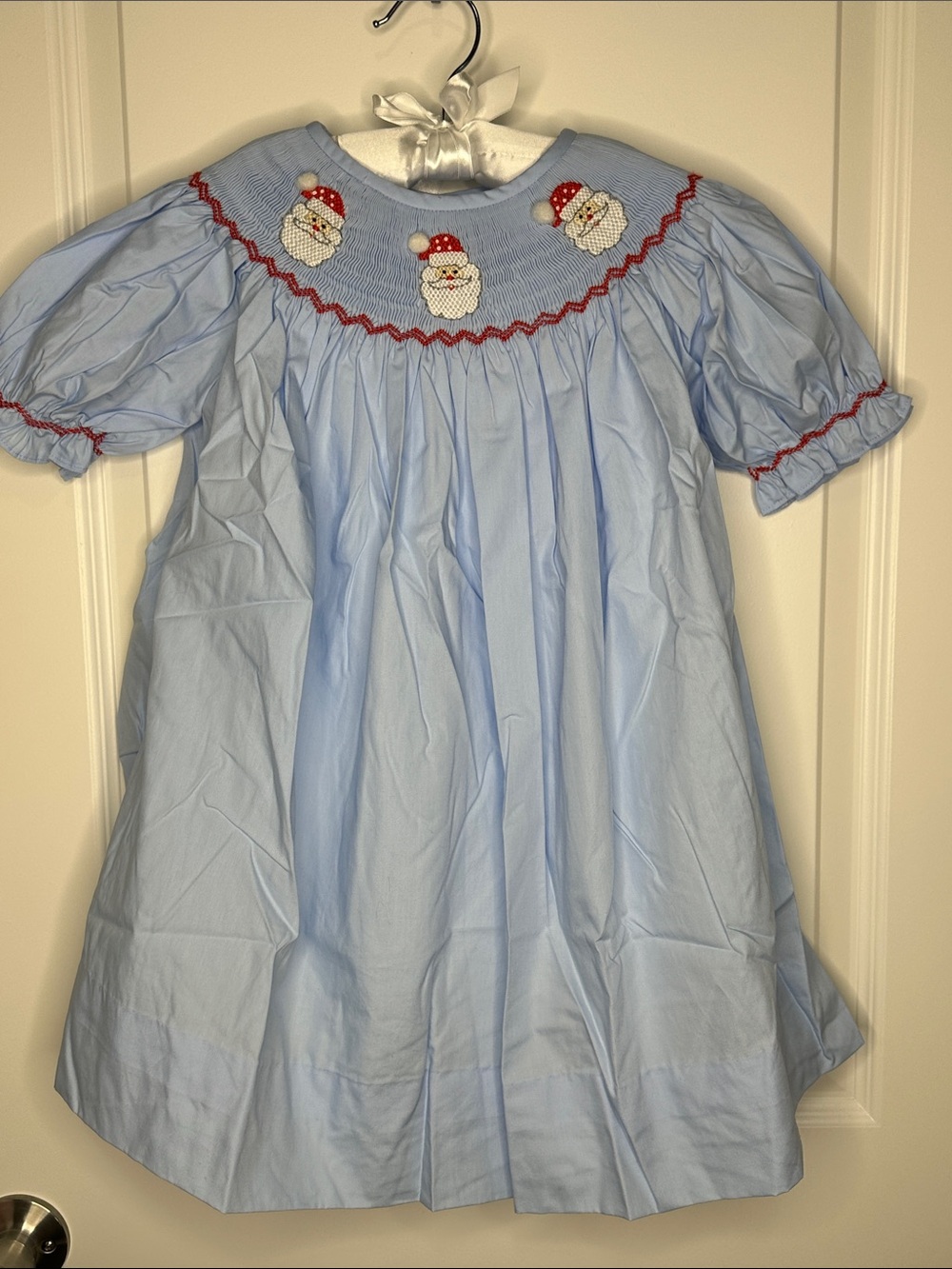 Light Blue Smocked Santa Dress with Red Trim